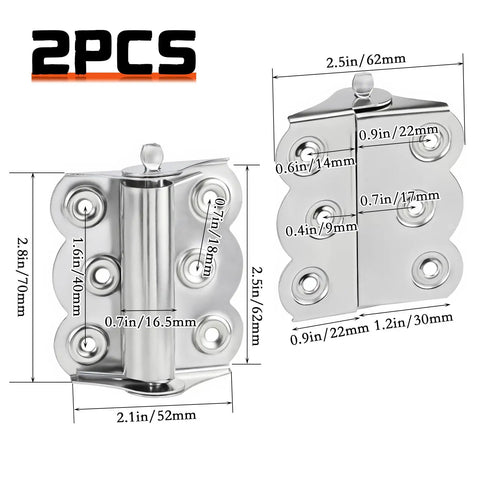 Spring Loaded Stainless Steel Screen Door Hinges Set For Storm Doors, 2 Pack shown with dimensions and silver finish