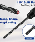 Drill bit, HSS steel with 118° split-point and hex shank, close-up.
