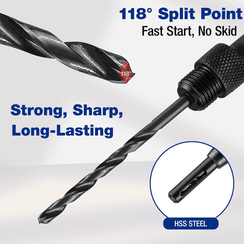 Drill bit, HSS steel with 118° split-point and hex shank, close-up.