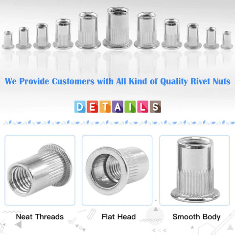 Must-Have Rivet Nut Kit 180 Pcs 304 Stainless Steel Flat Head Nutserts For Auto Home And Shop Repairs Includes 8-32 10-24 1/4-20