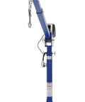 Rock Solid AC Powered Jib Crane Delivering 2000 Lb Capacity And Telescoping Boom with robust blue steel mast and winch.