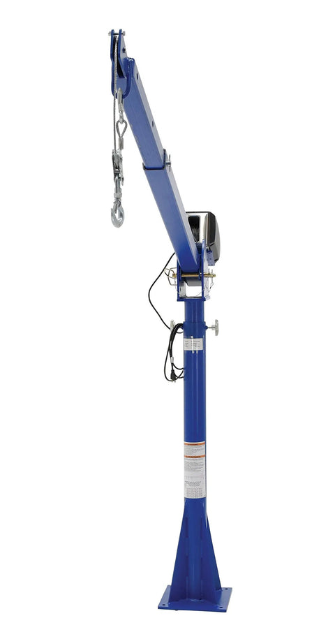 Rock Solid AC Powered Jib Crane Delivering 2000 Lb Capacity And Telescoping Boom with robust blue steel mast and winch.