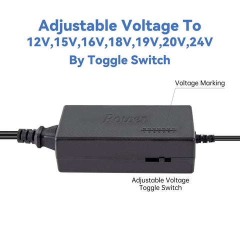 Universal DC Power Adapter With 8 Tips, Switchable 12V-19V/4.5A and 20V-24V/4A Output, shown with adjustable voltage toggle switch.