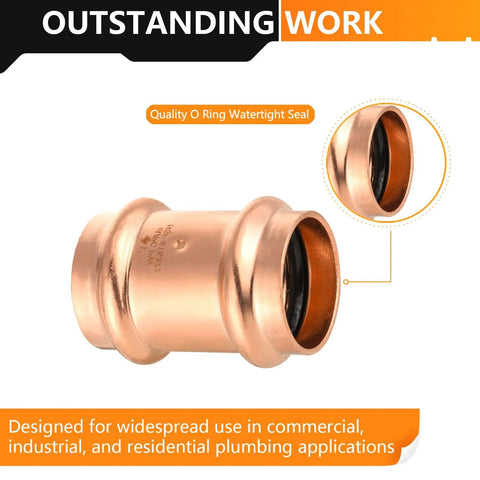 Heavy Duty 20 Pack 2x2 Lead Free Copper Press Couplings With Stop Built Tough For No Sweat Plumbing Installations On Type M L K Tubes And Clean Potable Water Runs, showing watertight O-ring seal.