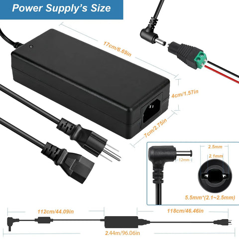 Dimensions of 24V 8A DC Power Supply Adapter Kit with 192W Output, 100-240V AC Input, 5.5 x 2.1 mm to 2.5 mm barrel plug