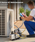 Man using 4 CFM Single Stage Vacuum Pump 110V With R134a AC Manifold Gauge Set And Leak Detector for home AC maintenance