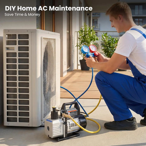 One Third Horsepower Single Stage Rotary Vane Vacuum Pump Kit With R134a Manifold Gauge Set in use for HVAC repair.