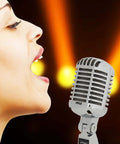 Retro Dynamic Vocal Microphone With Classic Metal Design, Cardioid Unidirectional Pattern, close-up with singer in spotlight