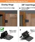 Comparison of Overlay and 3/8" Inset Hinge types for cabinet doors, showing flat and stepped back designs.
