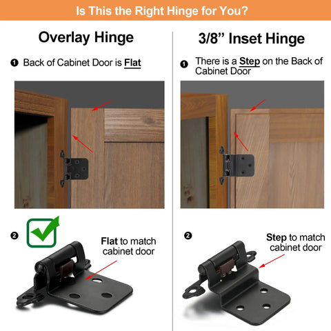 Comparison of Overlay and 3/8" Inset Hinge types for cabinet doors, showing flat and stepped back designs.