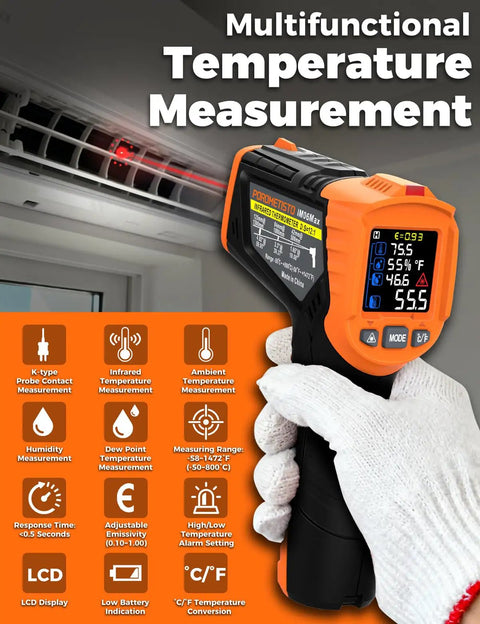 4 In 1 Infrared Temperature Gun With K Type Probe, Industrial Laser Thermometer for temp and humidity readings by vent