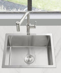 Undermount Kitchen Sink In Brushed Stainless Steel 18 Gauge T304 Handmade Single Bowl With Drain Strainer 20 Inch L By 16 Inch W By 9 Inch D Fits Three And A Half Inch Garbage Disposal Opening Built To Last installed in modern kitchen counter.