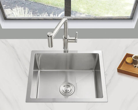 Undermount Kitchen Sink In Brushed Stainless Steel 18 Gauge T304 Handmade Single Bowl With Drain Strainer 20 Inch L By 16 Inch W By 9 Inch D Fits Three And A Half Inch Garbage Disposal Opening Built To Last installed in modern kitchen counter.