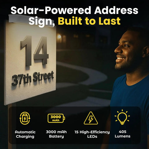 Solar Address Sign Light Two Pack With IP65 Waterproof No Fuss Easy Install Auto Dusk To Dawn Sensor Outdoor LED Sign Post Lights For Real Estate Office Lease Signs Cold White 6000K illuminating house number at night