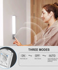 Woman demonstrating Ultra Thin 66 LED Under Cabinet Lights With Motion Sensor USB Rechargeable 9 Inch 2 Pack Wireless Magnetic Closet Wardrobe Bar Light Side Emitting for kitchen or hallway lighting.