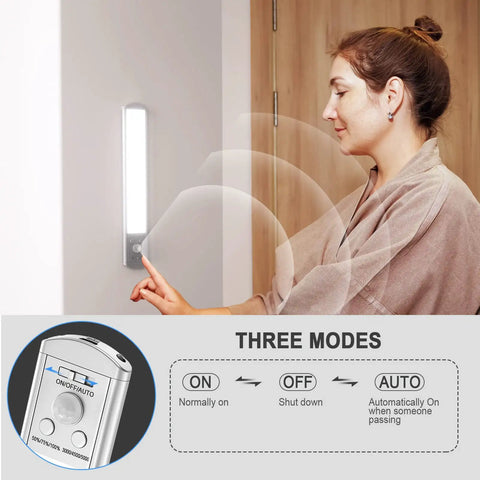 Woman demonstrating Ultra Thin 66 LED Under Cabinet Lights With Motion Sensor USB Rechargeable 9 Inch 2 Pack Wireless Magnetic Closet Wardrobe Bar Light Side Emitting for kitchen or hallway lighting.