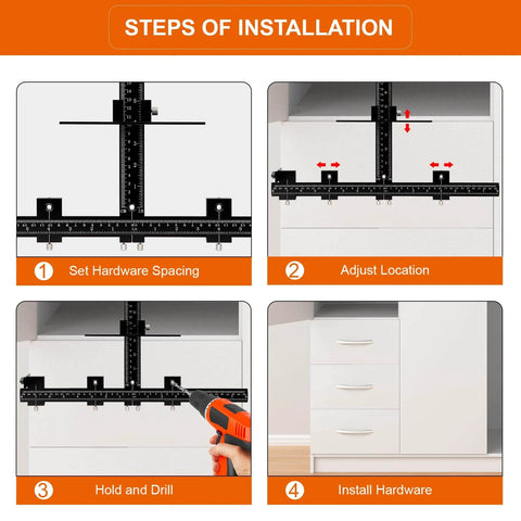 Installation steps using Pro Grade Cabinet Hardware Jig Tool, Adjustable Drill Template For Handles And Pulls On Drawers And Doors.