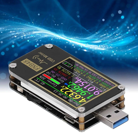 Voltmeter And Ammeter USB Tester With Color LCD Screen PD Trigger Pro Grade Multifunction Power Meter against blue abstract background