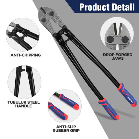 Beefy 30 Inch Heavy Duty Bolt Cutter With Chrome Molybdenum Jaws And Soft Rubber Grips For Cutting Chain Wire Screws And Rivets Drop Forged Cr Mo Jaws For Tough Long Lasting Performance, showcasing anti-chipping jaws and rubber grips.