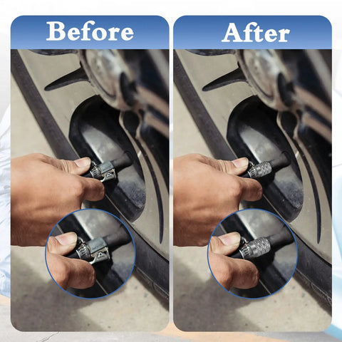 Before and after comparison of 32 Pieces Double Seal Valve Stem Caps For High Pressure Tires Metal Flow Through Air Caps installation.