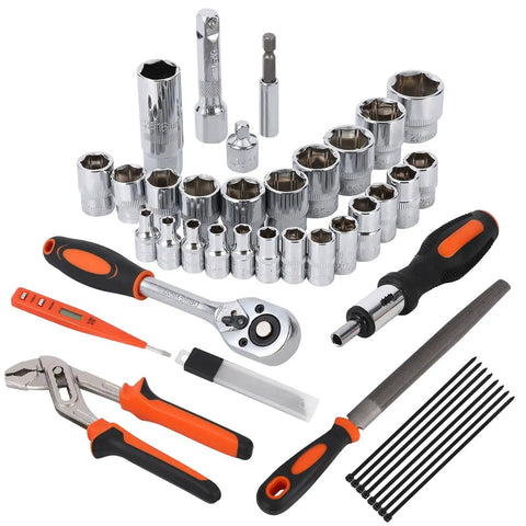 236 Piece Tool Set With Plastic Storage Case For Auto Repair And Home DIY Wrenches Sockets Screwdrivers Pliers And More Durable Chrome Finish Anti Corrosion Comfortable TPR Grips displayed on white background