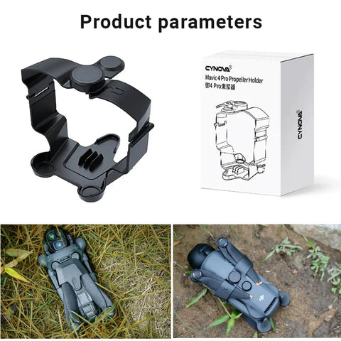 Mavic 4 Pro Propeller Holder With Magnetic Attraction Stabilizer And Fixed Mount Guard Strap next to packaging.