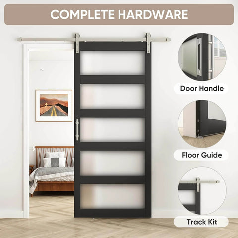 Glass Barn Door 42x96 Inch With 5-Panel Frosted Glass, Solid Wood Frame Wrapped In Waterproof PVC Surface, Black Finish, 7-Foot Nickel Sliding Door Hardware Included displayed installed in a room.