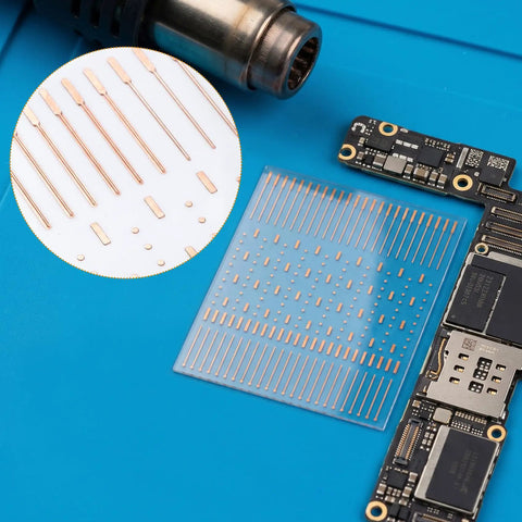 Pro Grade PCB Solder Pad Sheet With 208 Repair Spots for microsoldering on mobile motherboard, blue background