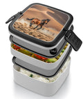 Two Tier Bento Box On The Go Meal Prep Container with spoon, leakproof, microwave safe, 1000ml, double layer, horse design lid.