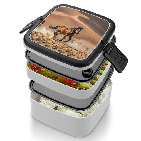 Two Tier Bento Box On The Go Meal Prep Container with spoon, leakproof, microwave safe, 1000ml, double layer, horse design lid.