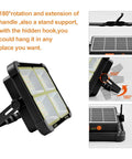 Portable Solar LED Work Light 100W With 336 LEDs, adjustable stand, hidden hook, shown in various angles and positions