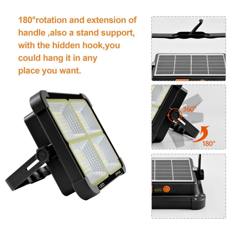Portable Solar LED Work Light 100W With 336 LEDs, adjustable stand, hidden hook, shown in various angles and positions