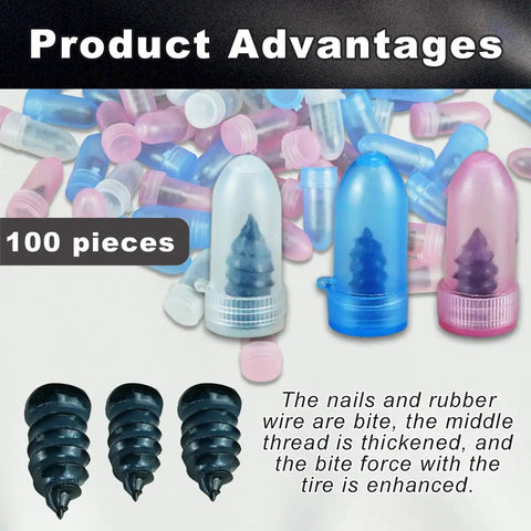 Close-up of Self Service Tire Repair Screws And Plugs Kit with three colored screw caps.