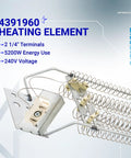 Heavy Duty Dryer Heating Element And Thermal Cutoff Kit For Whirlpool And Kenmore Dryers Replaces AP3109438 3399848 AP3094244 4391960 279816 Easy Install Plug And Play For Reliable Heat And Longer Life showing 4391960 heating element with 2 1/4 inch terminals, 5200W at 240V.