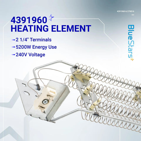 Heavy Duty Dryer Heating Element And Thermal Cutoff Kit For Whirlpool And Kenmore Dryers Replaces AP3109438 3399848 AP3094244 4391960 279816 Easy Install Plug And Play For Reliable Heat And Longer Life showing 4391960 heating element with 2 1/4 inch terminals, 5200W at 240V.