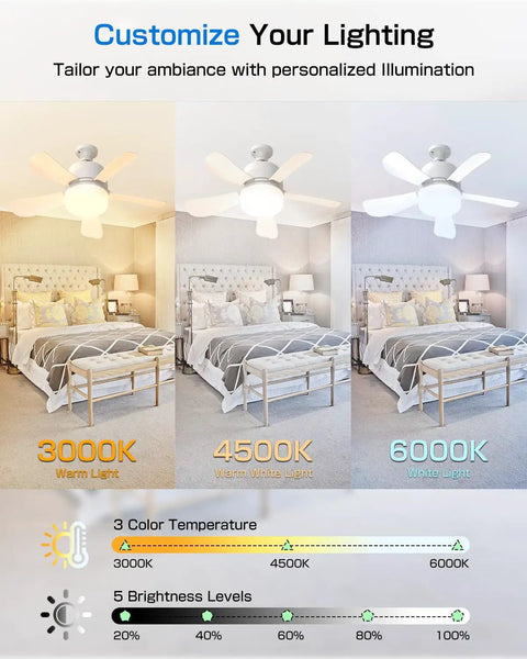 All-In-One Socket Fan Light Ceiling Fan With Remote showing 3 color temperatures in bedroom: 3000K, 4500K, 6000K