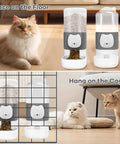 No Fuss Slick Hanging Automatic Small Pet Food Water Dispenser For Cages With Anti Spill Base shown on floor and cage for birds or bunnies.