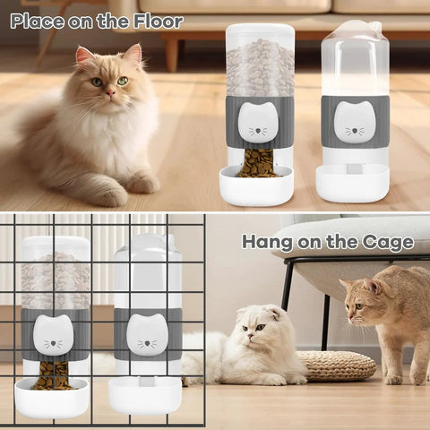 No Fuss Slick Hanging Automatic Small Pet Food Water Dispenser For Cages With Anti Spill Base shown on floor and cage for birds or bunnies.