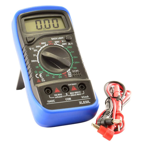 Digital Multimeter XL830L with leads, AC/DC voltage, current, resistance measurement, blue casing