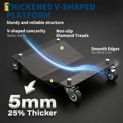 Heavy Duty Wheel Dolly Set of 4 for Garages and Shops Black 7000 Lb Capacity Each Reinforced Steel Base Smooth Glide for Easy Vehicle Moving Durable Stable Car Dollies for DIY Mechanics and Pro Garages. V-shaped 5mm steel platform with casters