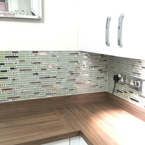 Modern Iridescent Glass Metal Mosaic Tile Backsplash For Kitchen And Bathroom White Silver Linear Wall Tiles For Shower Fireplace And Accent Wall 5 Square Feet.