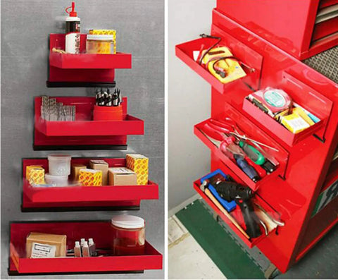 4 Piece Magnetic Tool Tray Set With Red Metal Trays And Strong Magnets For Van Workshop Storage And Garage Toolbox Organization