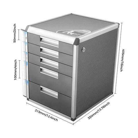 Absolute Game Changer 5 Drawer Metal Desk Organizer With Locks, Slim Desktop File Cabinet For Cable Sorting, dimensions shown.