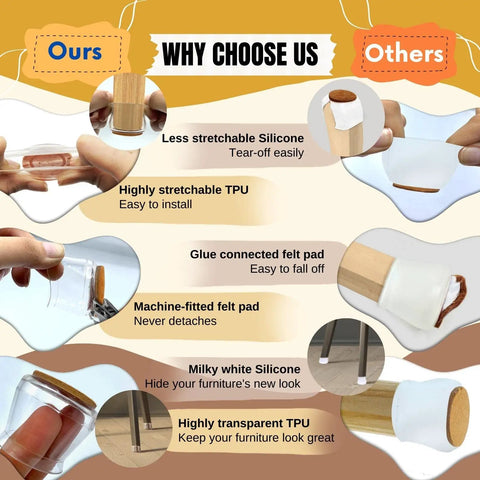 Comparison of 32 Pack Chair Leg Protectors With Felt Pads For Wood Floors, TPU Floor Protectors That Prevent Scratches And Noiseless Glide