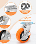 Six Inch Industrial Casters Set Of Four With Dual Ball Bearings And Polyurethane Wheels Heavy Duty 4500 Lbs Capacity Plate Swivel