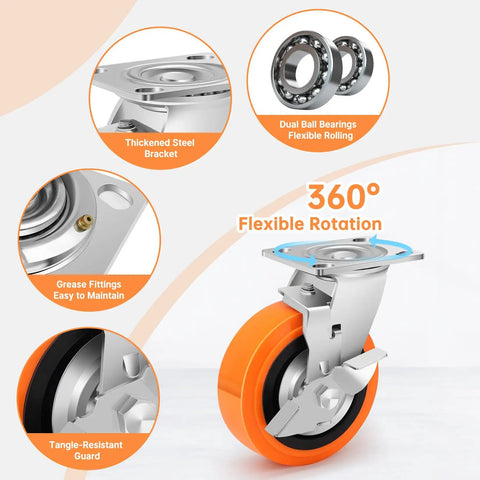 Six Inch Industrial Casters Set Of Four With Dual Ball Bearings And Polyurethane Wheels Heavy Duty 4500 Lbs Capacity Plate Swivel