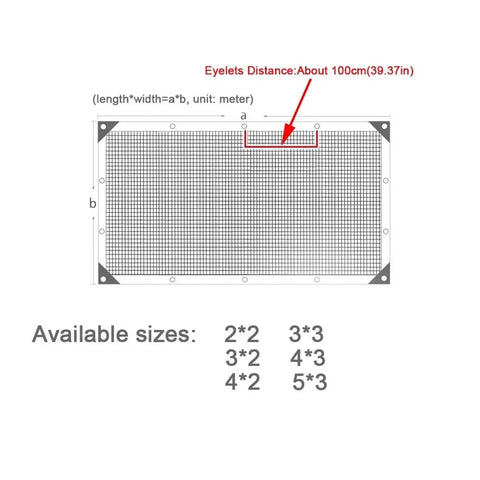 Backyard Outdoor Shade Sail Cover 3x5m Thickened Mesh Awning Cloth Edge Pack layout with eyelets and size chart