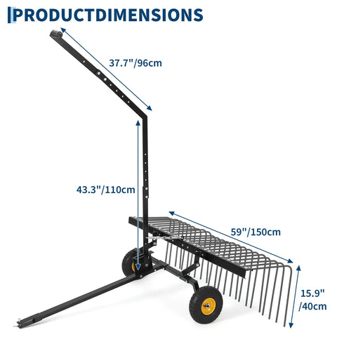 Side view of 60 Inch Tow Behind Landscape Rake Heavy Duty Steel Dethatcher Pine Straw Rake with dimensions labeled.