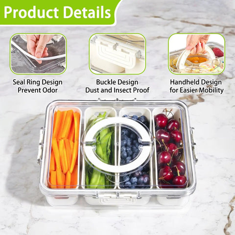 Divided Veggie Tray With Lid And Handle Four Compartment Snack Storage for Fridge or Freezer with produce inside