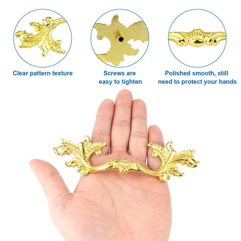 Hand holding French Provincial Vintage Drawer Pulls 5 Inch Cabinet Handles, gold finish, zinc alloy, leaves pattern, 4 pieces